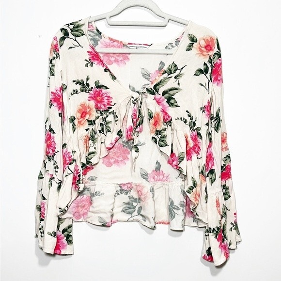 American Eagle White w/ Pink Floral Tie Front Top Size Medium - Picture 1 of 8